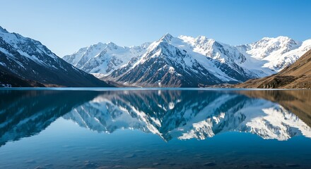 Snowy Mountains Reflecting in Calm Lake on a Clear Day