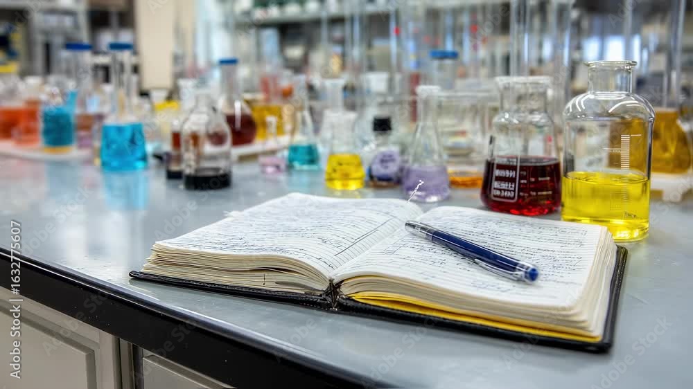 Poster laboratory workspace with assorted glassware and chemical solutions as chemist documents observation