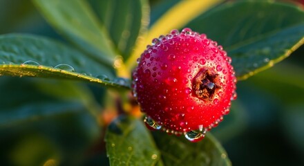 Obraz premium Macro shot of a vibrant red berry covered in glistening water droplets on a green leaf