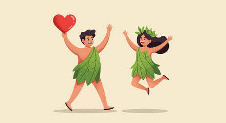 Adam and Eve with Heart &ndash; Joyful Cartoon Illustration