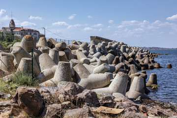 Tetrapods on a shore in Sozopol town on the Black Sea coast in Bulgaria