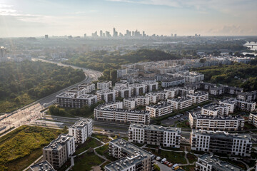 Drone photo of modern residential buildings in Siekierki area of Warsaw, Poland