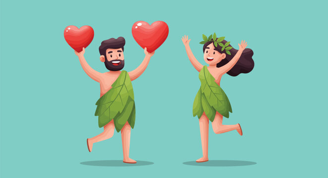 Happy couple in love jumping with joy holding red hearts - Valentine's Day celebration illustration - Powered by Adobe