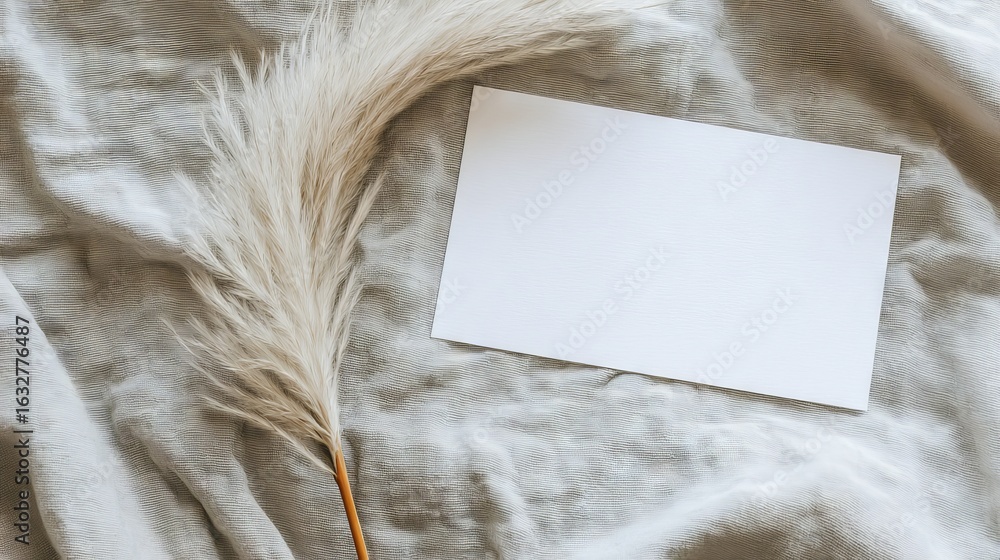 Poster soft beige fabric background with a delicate pampas grass stem and a blank white card, creating a se