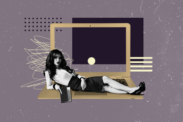 Sketch pop image sketch banner collage of minded businesswoman freelancer sit laptop hold notepad workplace professional
