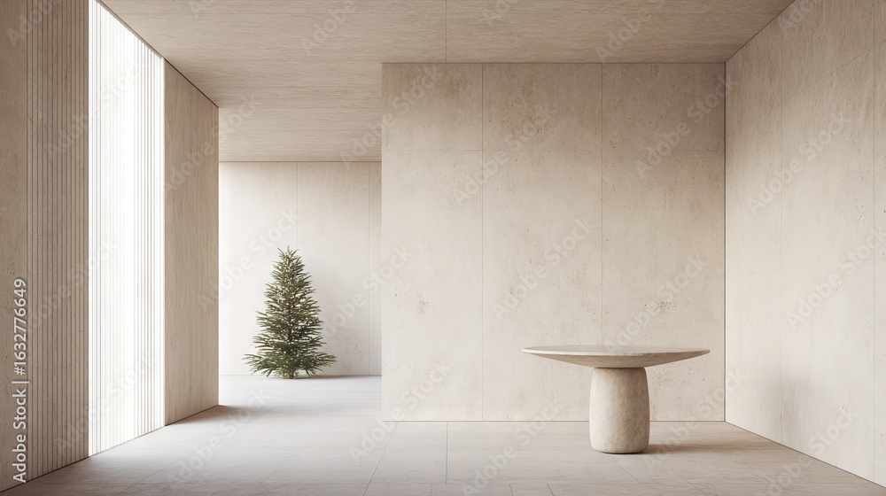 Poster minimalist interior design featuring a round stone table and a small evergreen tree, creating a sere