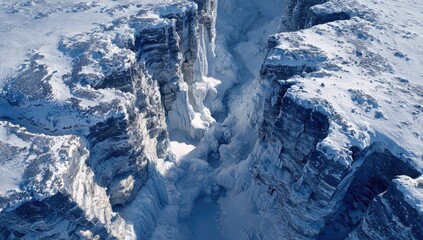 High-angle view of a snowy canyon