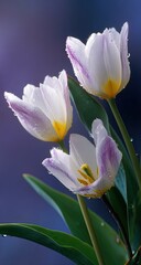 Naklejka premium Close-up of three delicate white tulips with hints of lavender