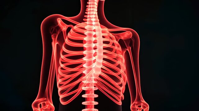 Spine, spinal health, back pain. Bone structure. Discs compress under heavy loads. Nerves transmit sensory feedback. Spinal support essential for posture. 3D medical illustration of spinal anatomy.