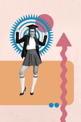Trend image vertical photo collage of happy businesswoman businessman receive arrow development...