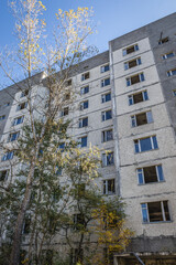 Old residential building in Pripyat ghost city in Chernobyl Exclusion Zone, Ukraine