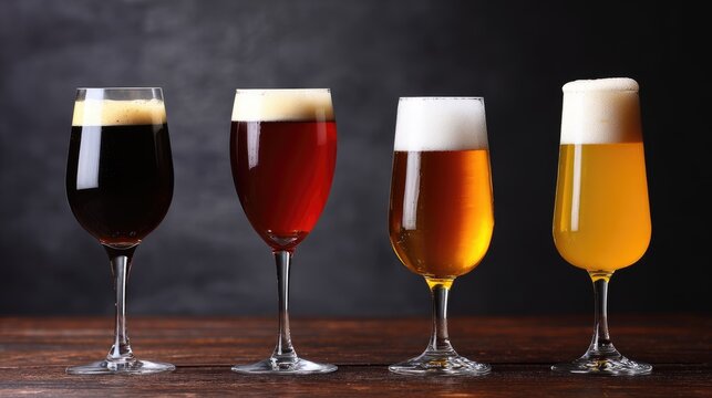 A delightful display of four different beers in elegant glasses, each showing unique colors and textures. Enjoying malt and suds, this assortment is perfect for national beer lover’s day celebrations