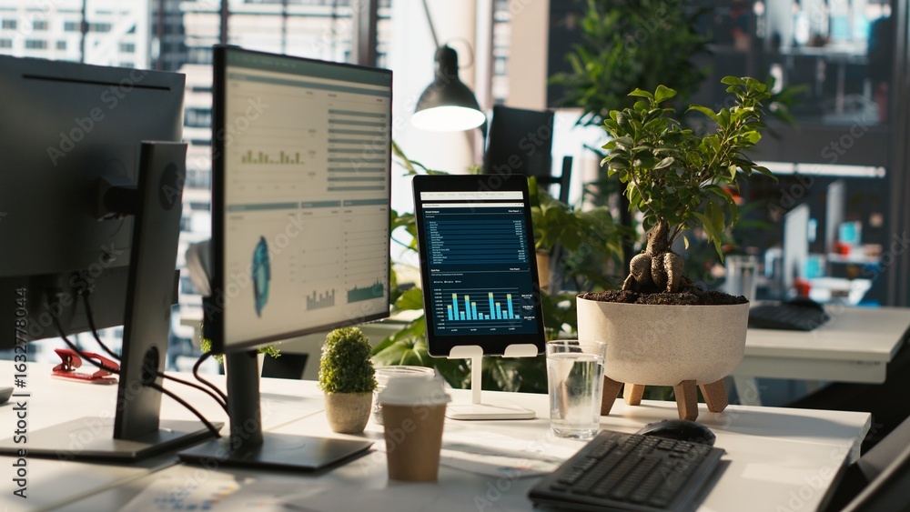 Poster computer screen on office desk displaying financial charts of company profits performance metrics. d