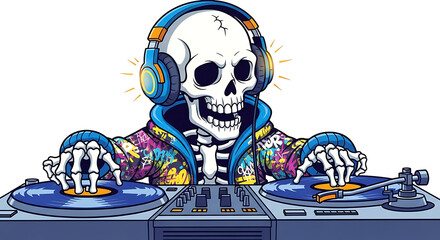 Cartoon skeleton dj with headphones and turntables on transparent background: classic characters for halloween
