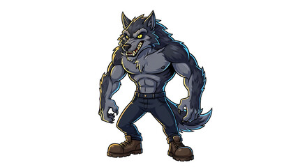 Cartoon werewolf with full moon on white background on transparent background: classic characters for halloween