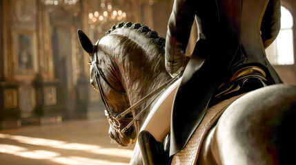 Close up of elegant horse and rider in classical dressage, indoor equestrian performance scene