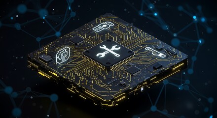 Circuit Board Showing Digital Repair Tools and Network Connections
