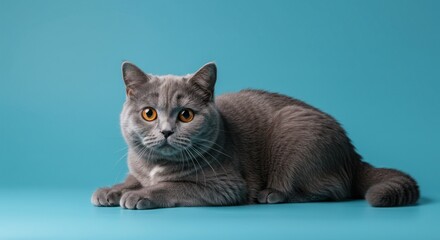 Gray British Shorthair cat resting on a turquoise background.