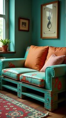 A vintage turquoise sofa adorned with warm cushions, creating a cozy living room atmosphere.