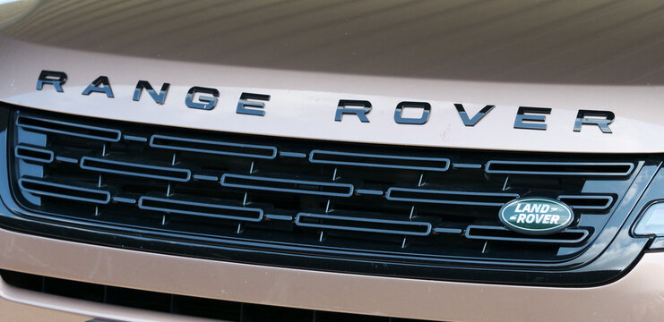 Germany, Weeze, August 6. 2025, automobile manufacturer logo of Range Rover, A brand of British car manufacturer Jaguar Land Rover, a subsidiary of Indian automotive group Tata Motors.