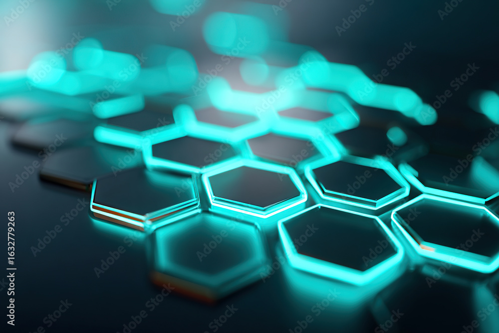 Aufkleber dark hexagonal grid surface with glowing teal edges under soft lighting