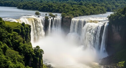 Obraz premium Majestic Waterfall Cascades Through Lush Green Cliffs into Misty Abyss