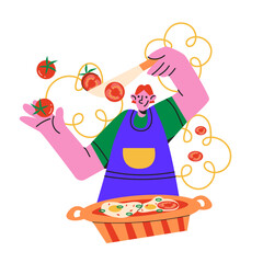 Funny chef cooking breakfast with eggs and tomatoes. Colourful flat vector illustration of food preparation