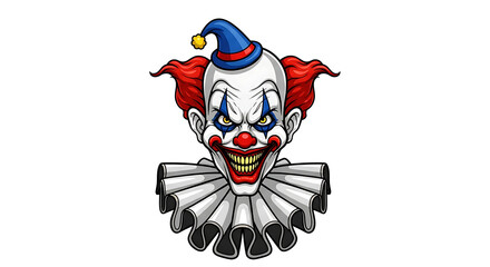 Cartoon portrait of a creepy clown with a sinister grin  on transparent background: classic characters for halloween