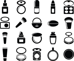 Black and White Vector Illustration of Various Beauty Products and Makeup Items Essential for a Complete Look and Cosmetic Application