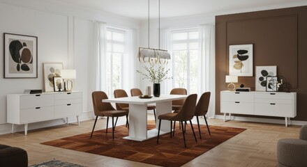 A well-lit dining room showcases modern furniture, art, and a welcoming ambiance.