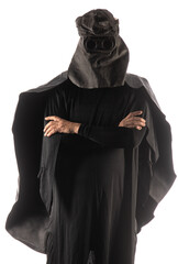 executioner in a hood with an axe on a white background