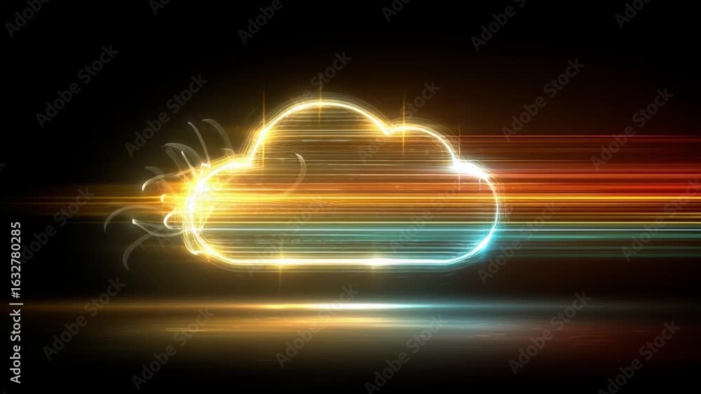 Poster hyper-realistic cloud symbol with vibrant light trails against a dark background