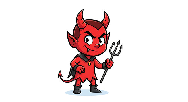 Cartoon illustration of a red devil with a trident on transparent background: classic characters for halloween