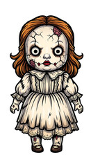 Fototapeta premium Illustration of a creepy doll with cracked skin and red hair on transparent background: classic characters for halloween