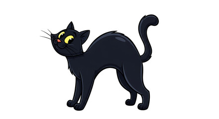 Cartoon illustration of a black cat with arched back on transparent background: classic characters for halloween