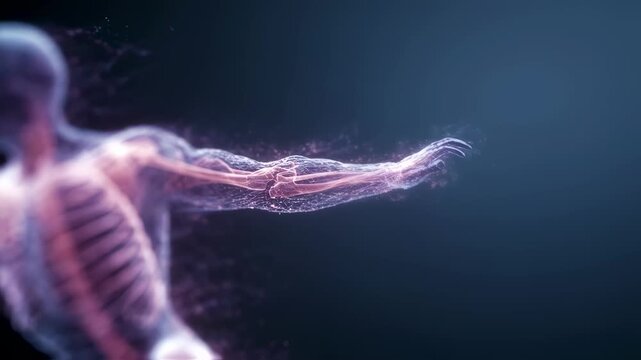 Dynamic visualization of violet DNA double helices shattering and crackling across a wholebody translucent figure depicting severe radiation syndrome impact.