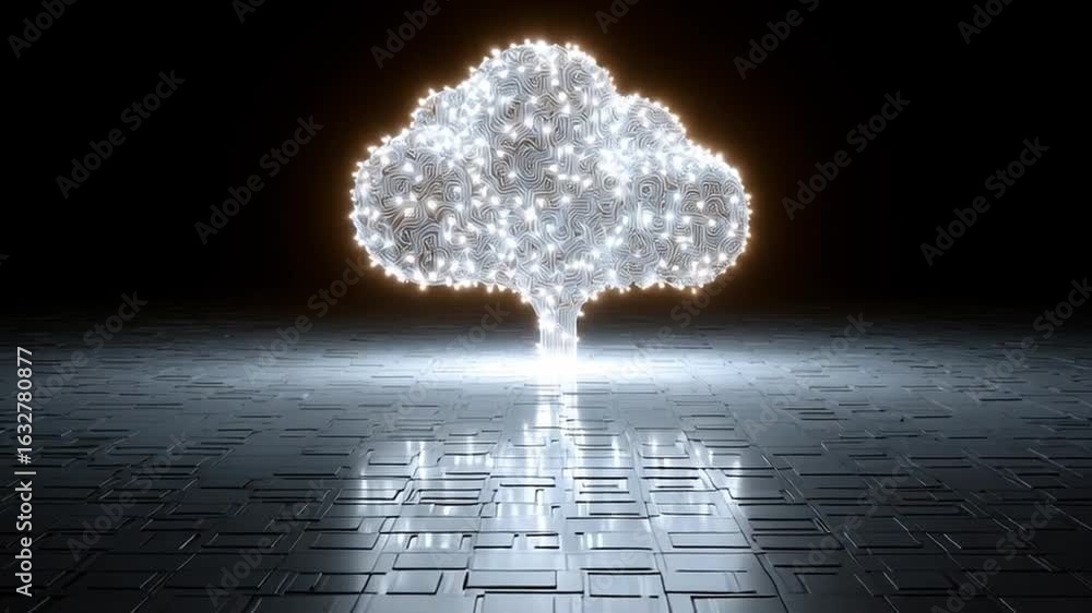 Poster hyper-realistic cloud symbol crafted with luminous lights against a dark reflective background showc