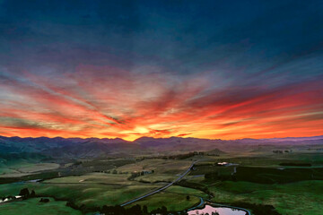 sunrise, sunset over horizon, with sky, clouds,