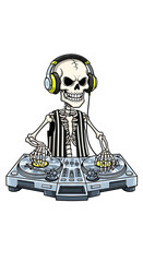 Cartoon skeleton dj with headphones and turntables on transparent background: classic characters for halloween