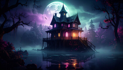 Eerie gothic mansion on a misty island under a luminous full moon, a magical and mysterious fantasy scene.