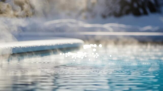 Warm thermal water steaming in an open-air pool with snow around in a winter retreat