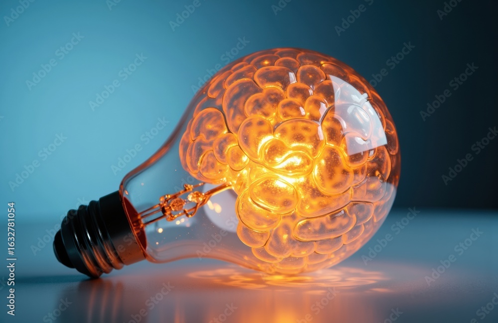 Poster a glowing light bulb with a brain-shaped filament illuminating softly on a dark background