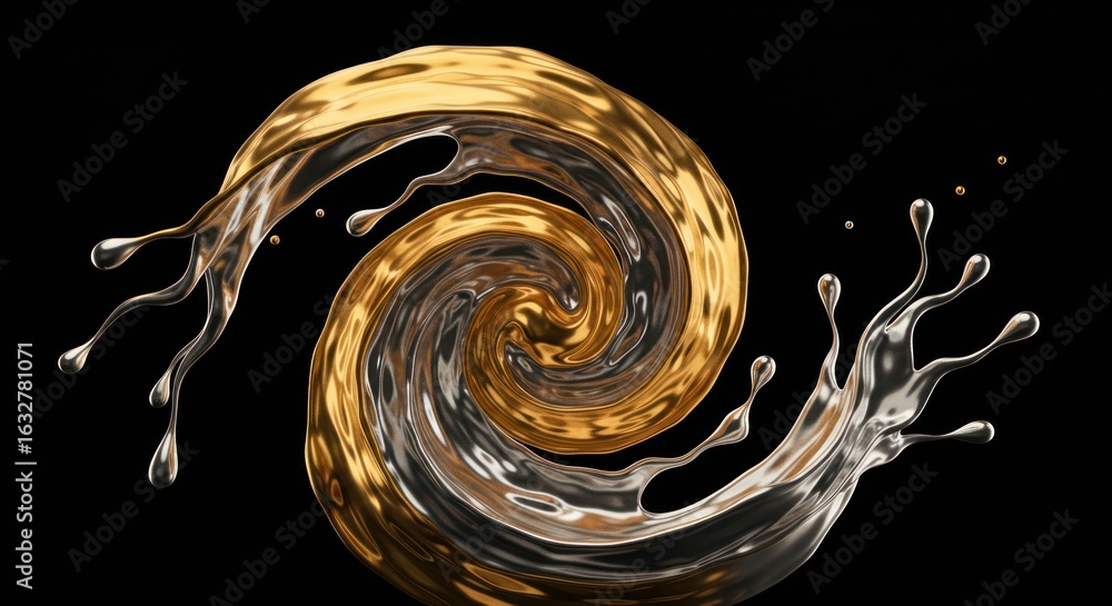 Poster swirling liquid vortex of gold and silver, creating a dynamic and abstract spiral shape against a da