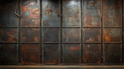 Rusted metal panels form a textured wall.