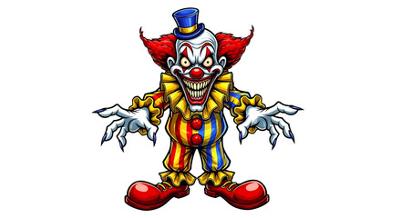 Cartoon illustration of a scary clown figure with top hat  on transparent background: classic characters for halloween