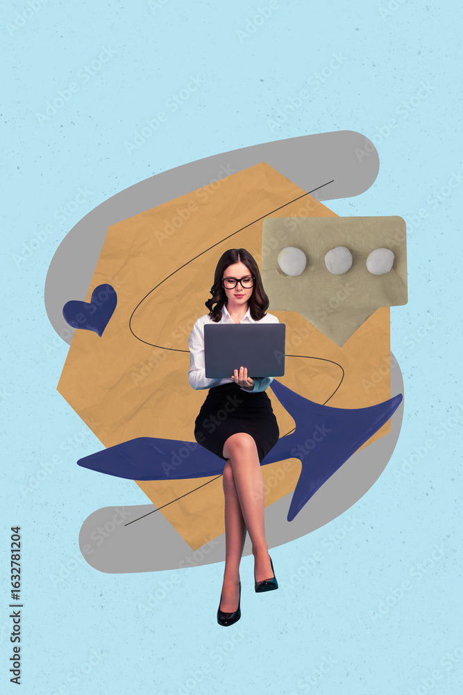 Aufkleber sketch surreal collage of person use gadget with 3d icon textbox like arrows on blue background