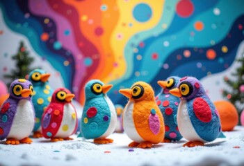 Obraz premium Colorful, whimsical penguin figurines with vibrant patterns on a playful background