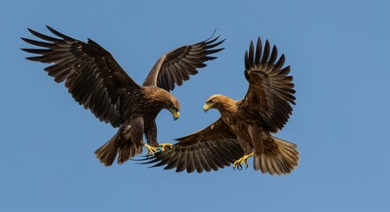 Obraz premium Two brown eagles in mid-air, wings outstretched, locked in a confrontation.