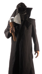 executioner in a hood with an axe on a white background