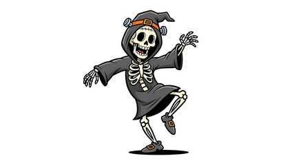 Cartoon skeleton in hooded robe dancing on transparent background: classic characters for halloween